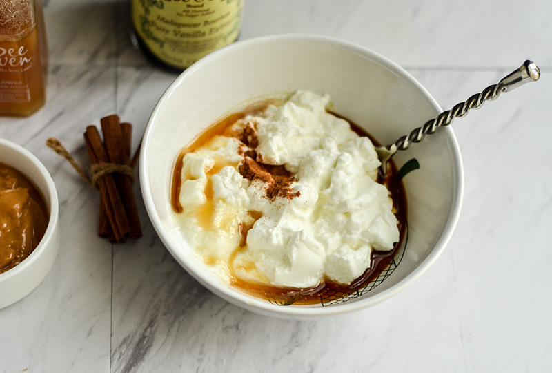 Greek yogurt mixed with peanut butter, honey and cinnamon.
