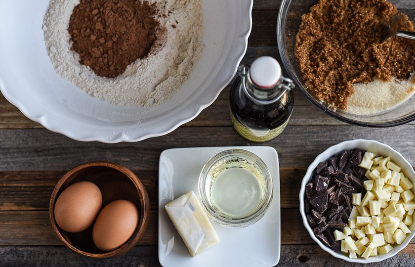 Ingredients for baking triple chocolate cookies