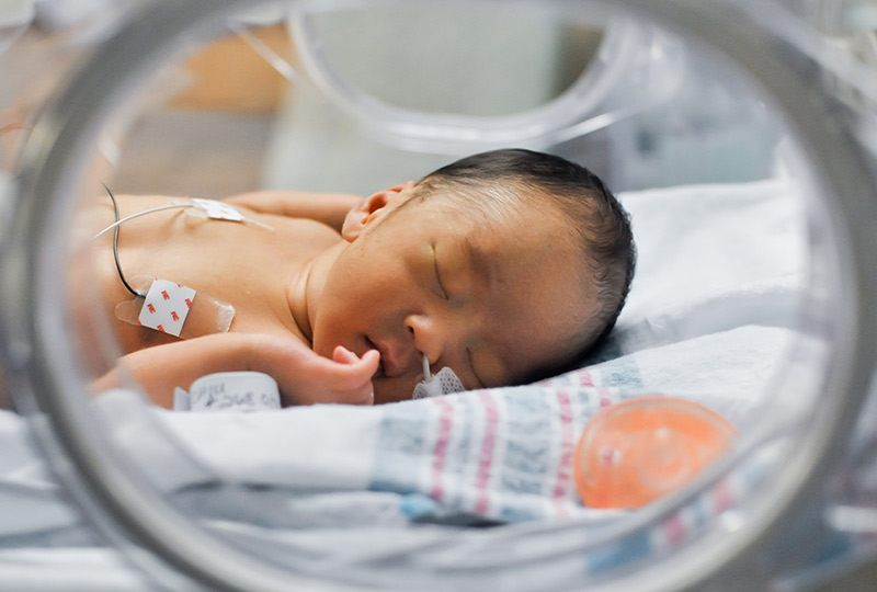 Asian newborn sleeping in an incubator in a hospital unit