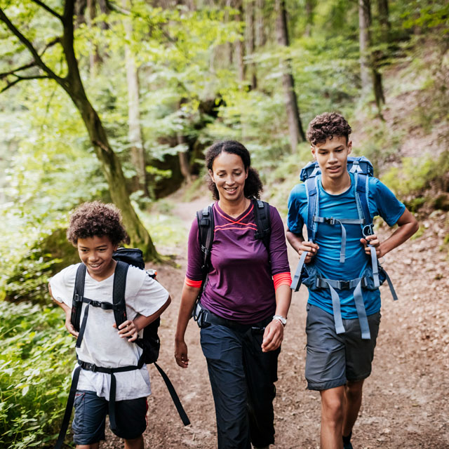 A woman and two teenage boys walk a wooded trail.