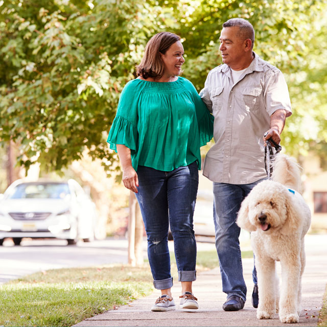 Latino couple walking on a sidewalk with a dog